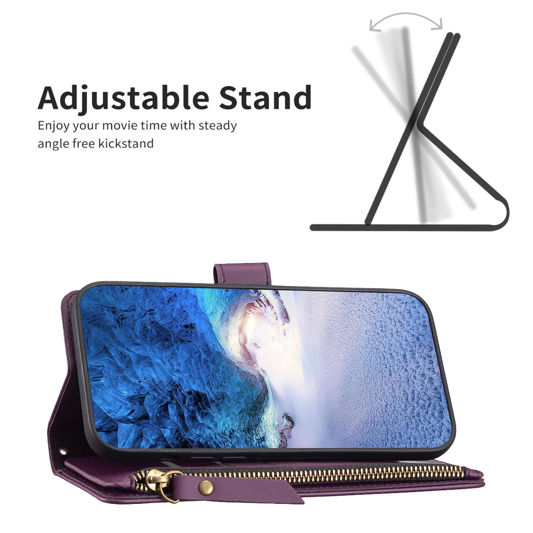 BF Style-19 For iPhone 15 PU Leather Stand Phone Case Zipper Pocket Anti-drop Wallet Cover - Dark Purple