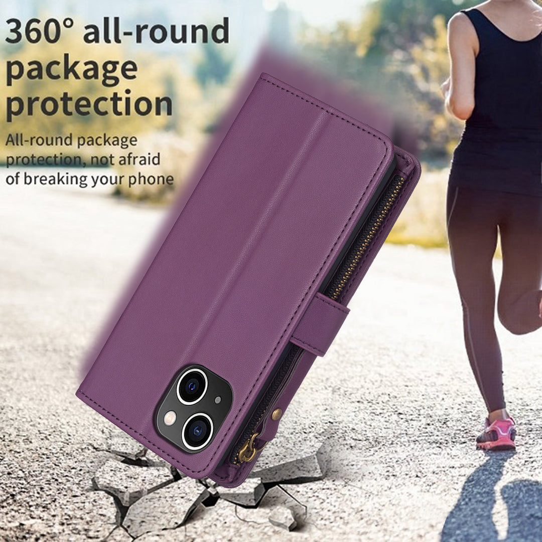 BF Style-19 For iPhone 15 PU Leather Stand Phone Case Zipper Pocket Anti-drop Wallet Cover - Dark Purple
