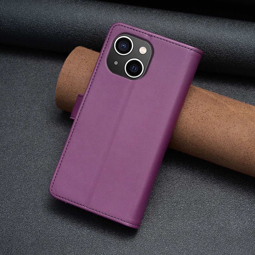 BF Style-19 For iPhone 15 PU Leather Stand Phone Case Zipper Pocket Anti-drop Wallet Cover - Dark Purple