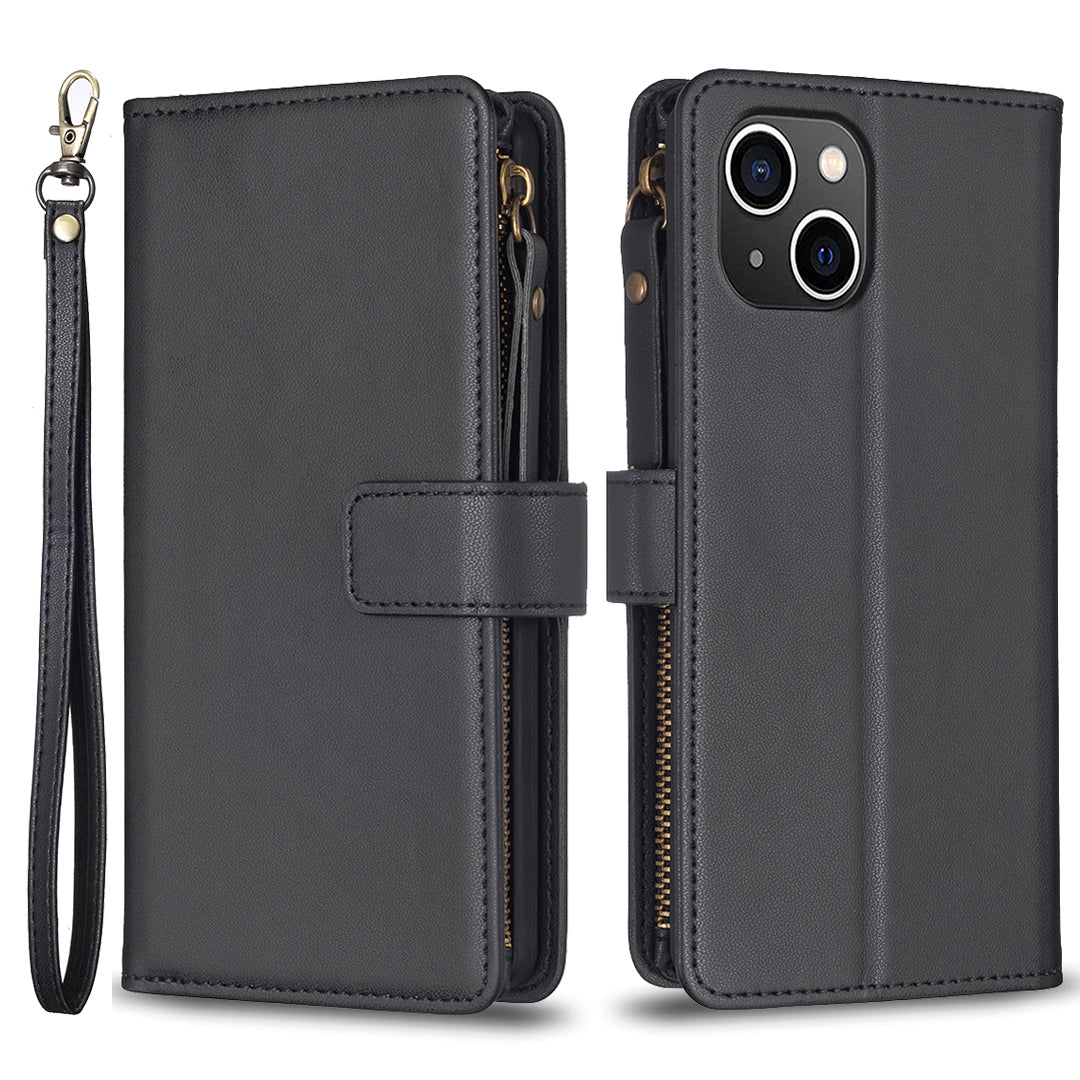 BF Style-19 For iPhone 15 PU Leather Stand Phone Case Zipper Pocket Anti-drop Wallet Cover - Black