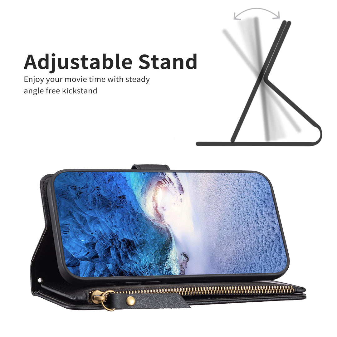 BF Style-19 For iPhone 15 PU Leather Stand Phone Case Zipper Pocket Anti-drop Wallet Cover - Black