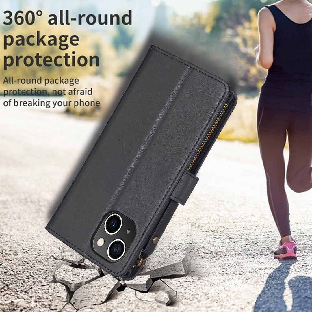 BF Style-19 For iPhone 15 PU Leather Stand Phone Case Zipper Pocket Anti-drop Wallet Cover - Black