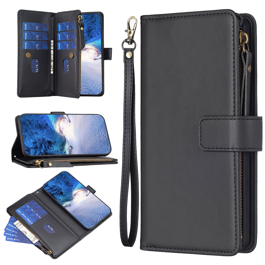 BF Style-19 For iPhone 15 PU Leather Stand Phone Case Zipper Pocket Anti-drop Wallet Cover - Black