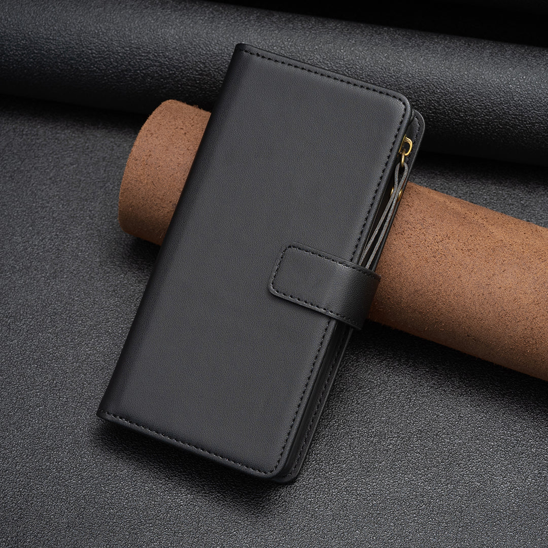 BF Style-19 For iPhone 15 PU Leather Stand Phone Case Zipper Pocket Anti-drop Wallet Cover - Black