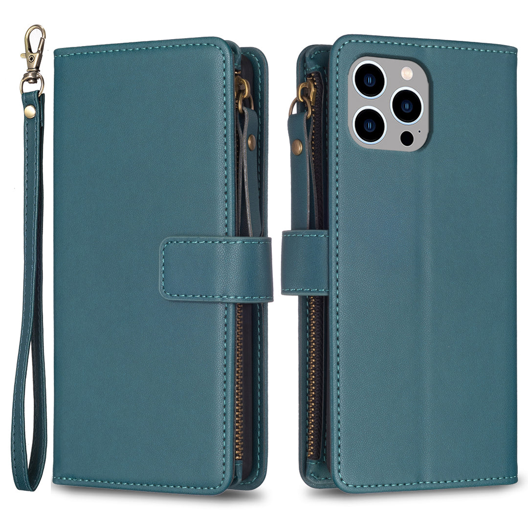 BF Style-19 For iPhone 15 Pro Max PU Leather Phone Case Flip Wallet Stand Cover with Zipper Pocket - Green