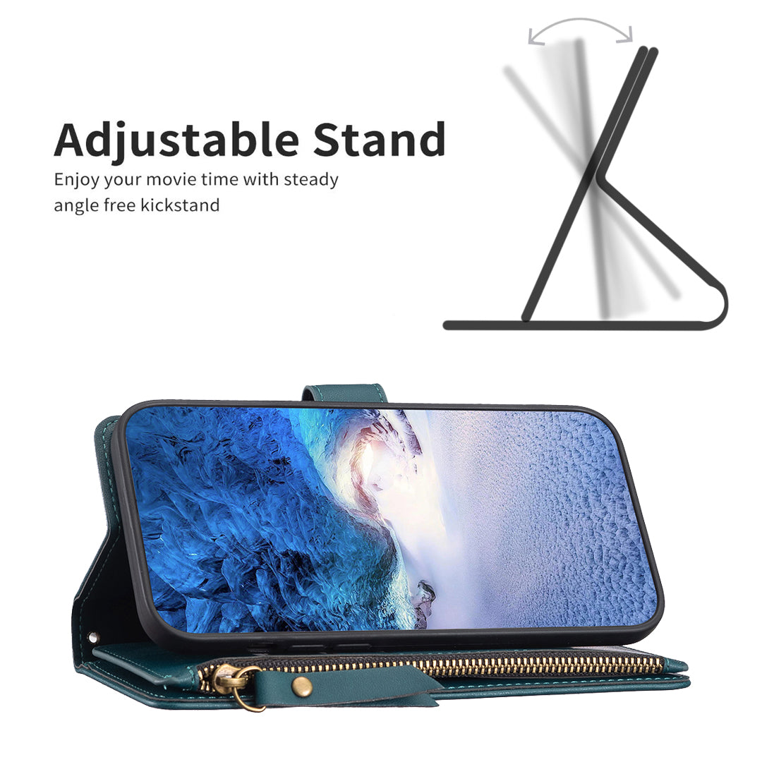 BF Style-19 For iPhone 15 Pro Max PU Leather Phone Case Flip Wallet Stand Cover with Zipper Pocket - Green