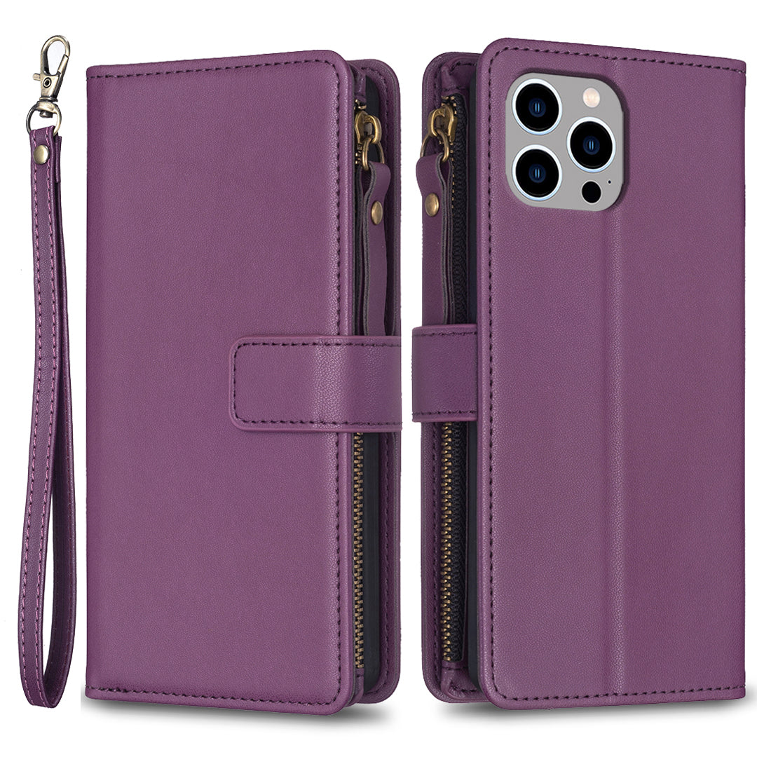 BF Style-19 For iPhone 15 Pro Max PU Leather Phone Case Flip Wallet Stand Cover with Zipper Pocket - Dark Purple