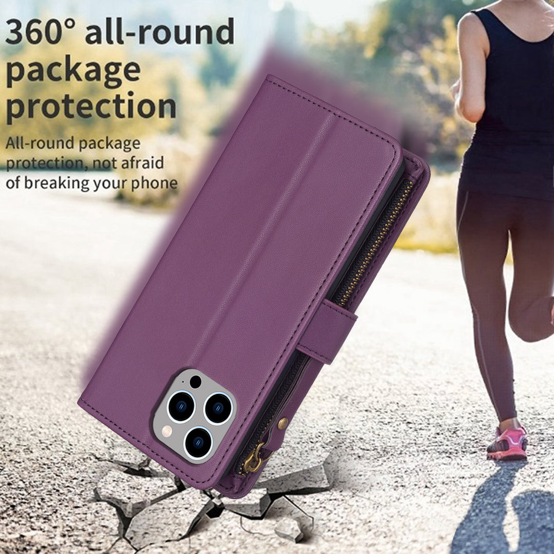 BF Style-19 For iPhone 15 Pro Max PU Leather Phone Case Flip Wallet Stand Cover with Zipper Pocket - Dark Purple