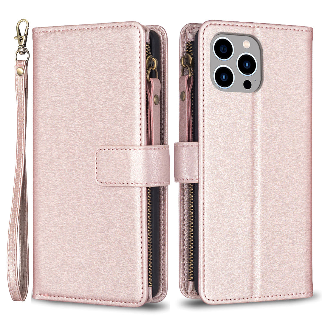 BF Style-19 For iPhone 15 Pro Max PU Leather Phone Case Flip Wallet Stand Cover with Zipper Pocket - Rose Gold
