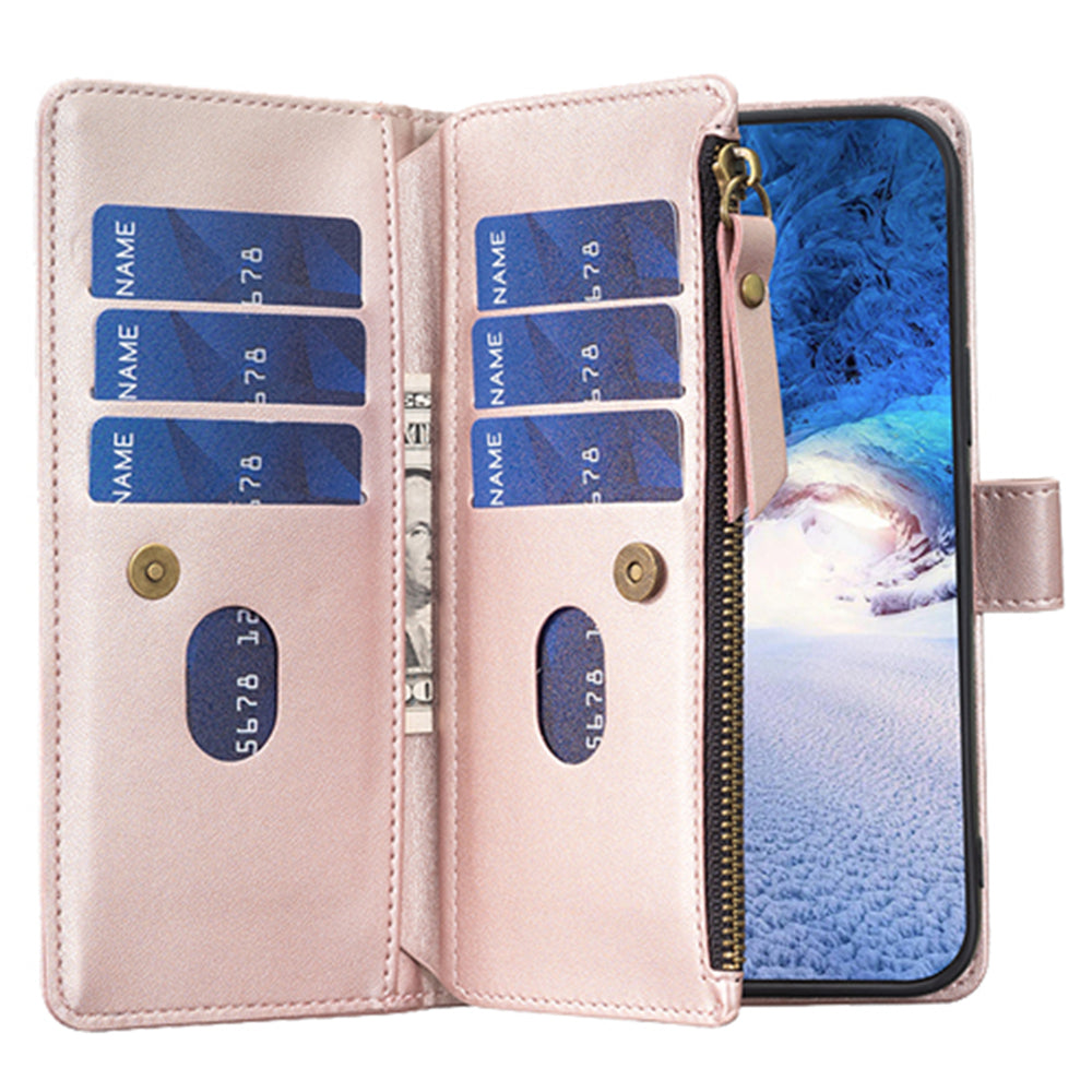 BF Style-19 For iPhone 15 Pro Max PU Leather Phone Case Flip Wallet Stand Cover with Zipper Pocket - Rose Gold