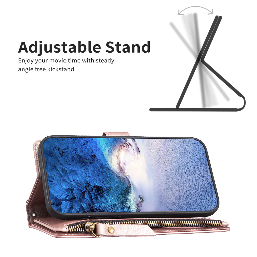 BF Style-19 For iPhone 15 Pro Max PU Leather Phone Case Flip Wallet Stand Cover with Zipper Pocket - Rose Gold