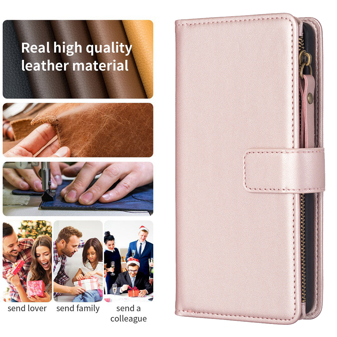 BF Style-19 For iPhone 15 Pro Max PU Leather Phone Case Flip Wallet Stand Cover with Zipper Pocket - Rose Gold