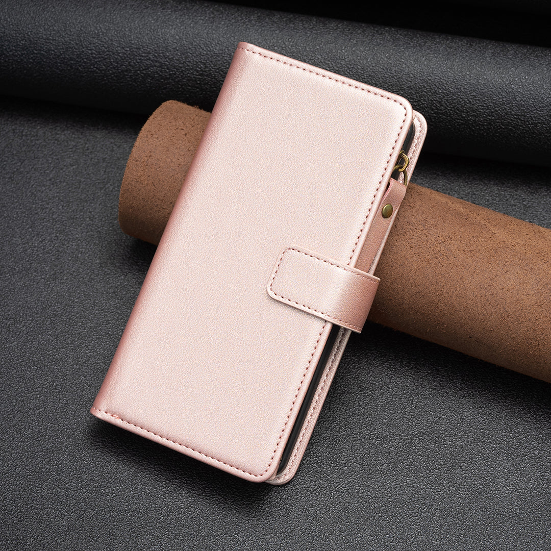BF Style-19 For iPhone 15 Pro Max PU Leather Phone Case Flip Wallet Stand Cover with Zipper Pocket - Rose Gold