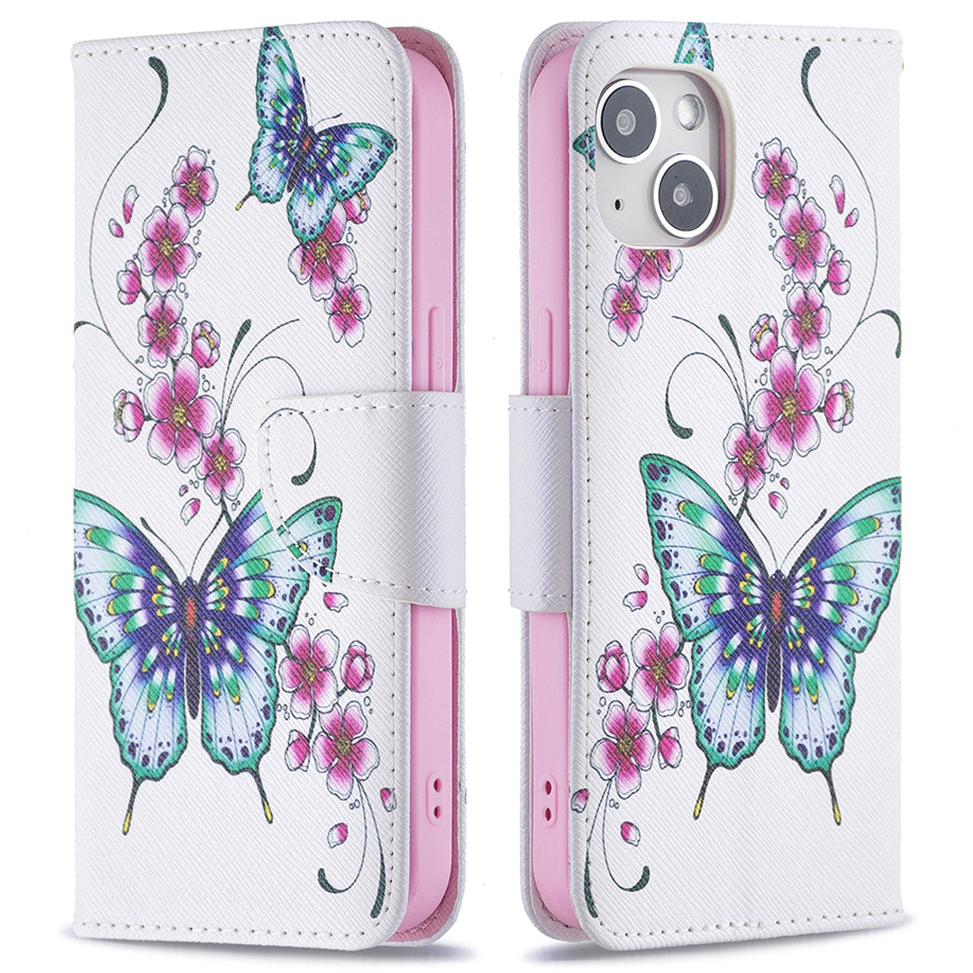Pattern Printing Wallet Phone Case for iPhone 15 , Stand PU Leather +TPU Phone Cover - Peach Blossom and Butterflies