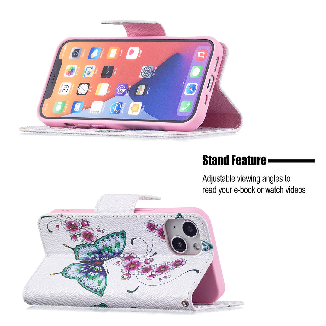 Pattern Printing Wallet Phone Case for iPhone 15 , Stand PU Leather +TPU Phone Cover - Peach Blossom and Butterflies
