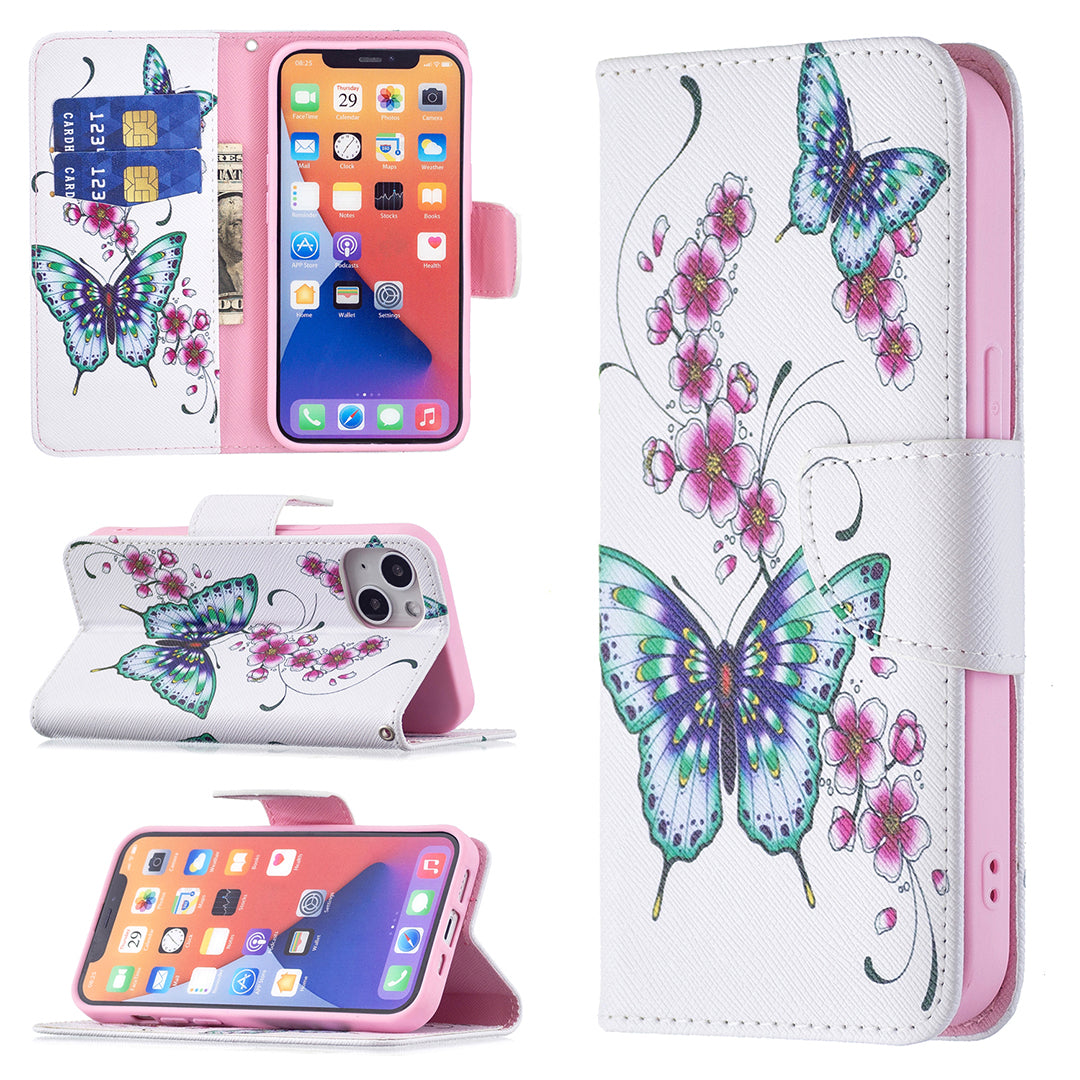 Pattern Printing Wallet Phone Case for iPhone 15 , Stand PU Leather +TPU Phone Cover - Peach Blossom and Butterflies