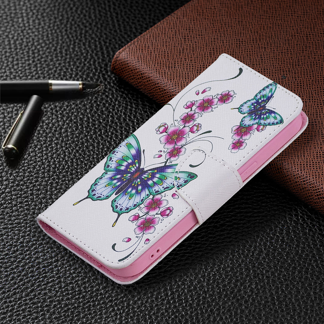 Pattern Printing Wallet Phone Case for iPhone 15 , Stand PU Leather +TPU Phone Cover - Peach Blossom and Butterflies