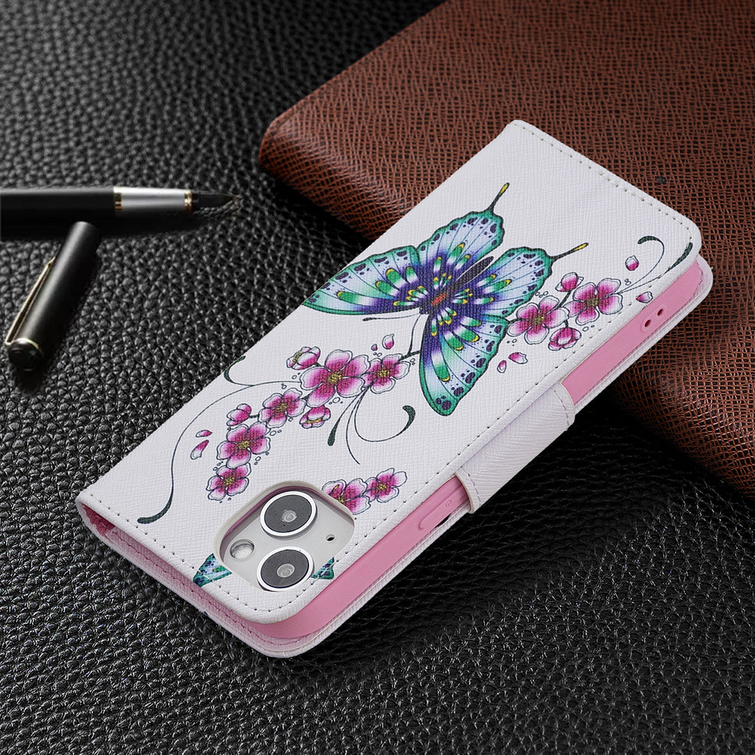 Pattern Printing Wallet Phone Case for iPhone 15 , Stand PU Leather +TPU Phone Cover - Peach Blossom and Butterflies