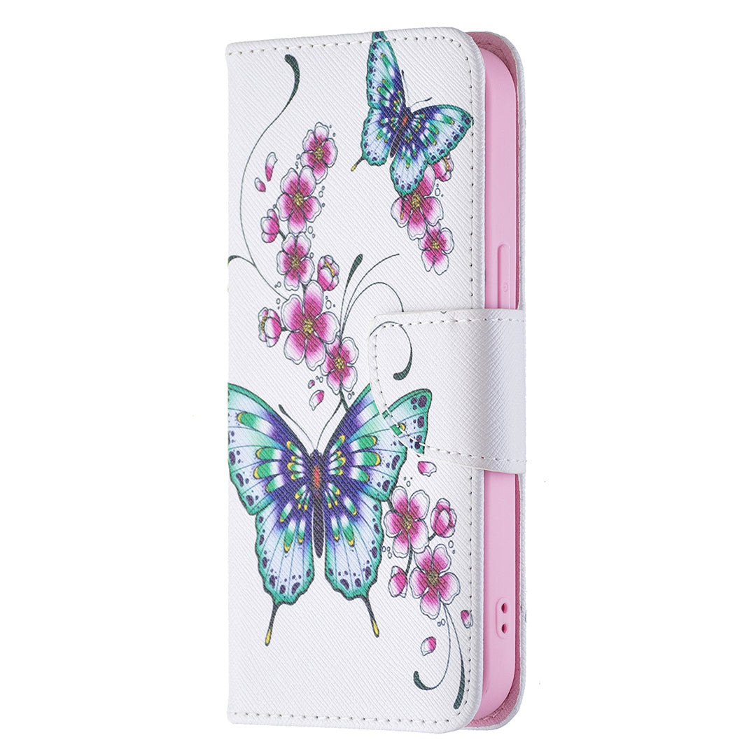Pattern Printing Wallet Phone Case for iPhone 15 , Stand PU Leather +TPU Phone Cover - Peach Blossom and Butterflies