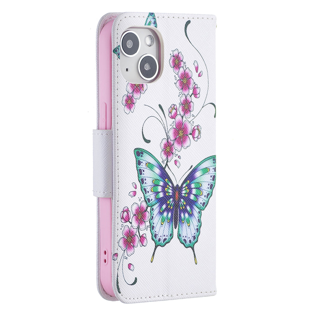 Pattern Printing Wallet Phone Case for iPhone 15 , Stand PU Leather +TPU Phone Cover - Peach Blossom and Butterflies