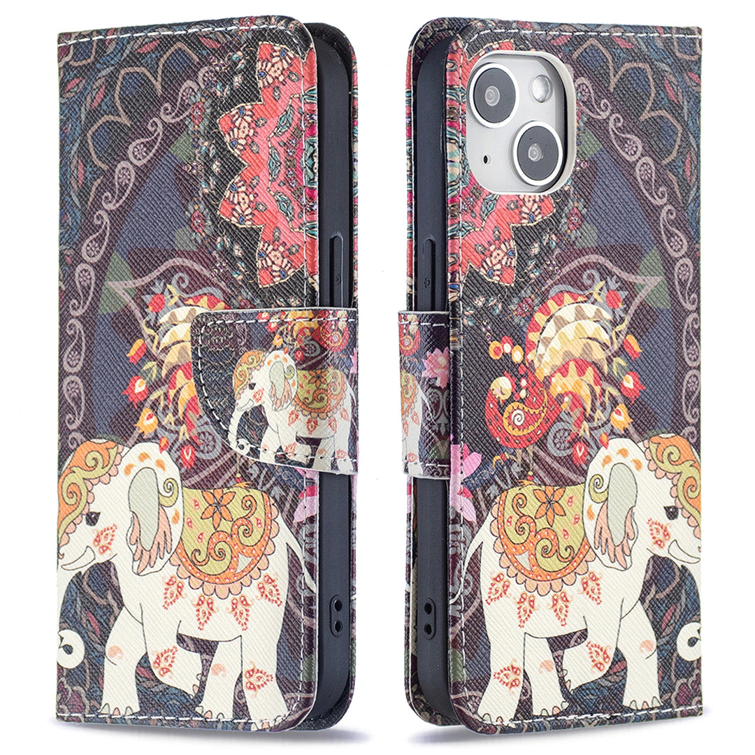 Pattern Printing Wallet Phone Case for iPhone 15 , Stand PU Leather +TPU Phone Cover - Flower and Elephant