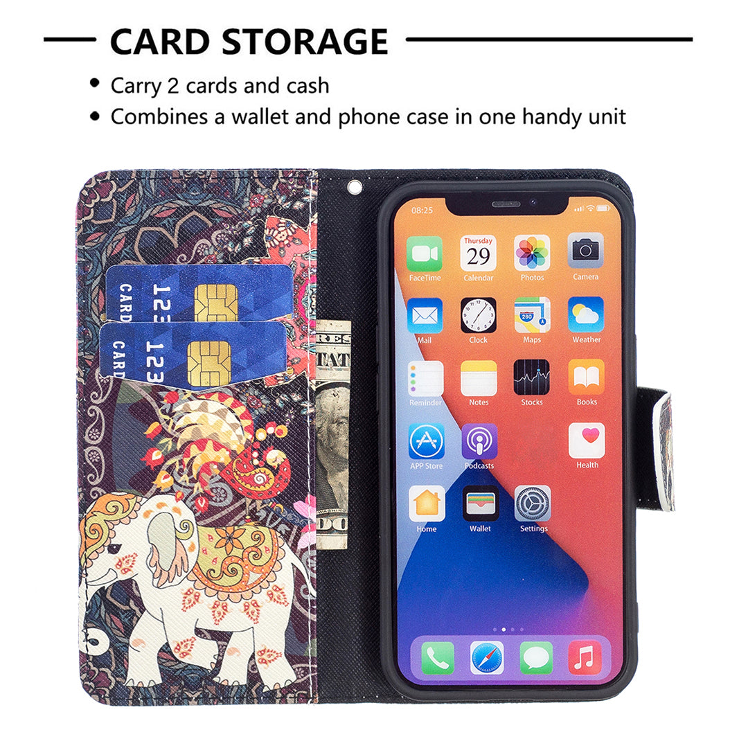 Pattern Printing Wallet Phone Case for iPhone 15 , Stand PU Leather +TPU Phone Cover - Flower and Elephant