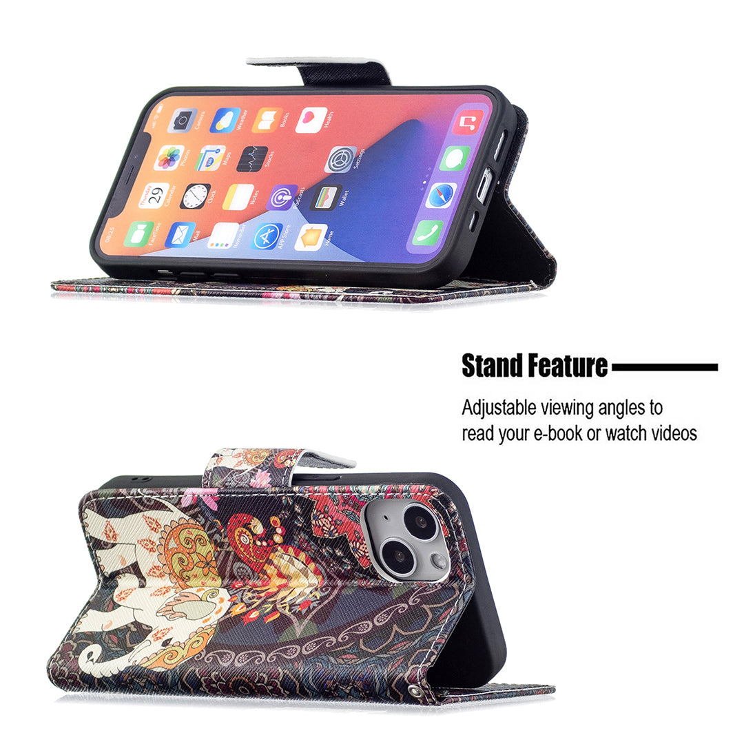 Pattern Printing Wallet Phone Case for iPhone 15 , Stand PU Leather +TPU Phone Cover - Flower and Elephant