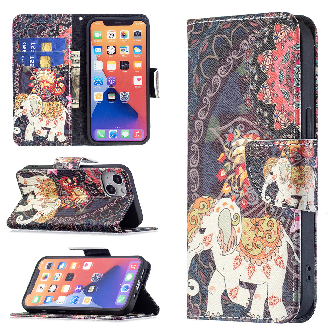 Pattern Printing Wallet Phone Case for iPhone 15 , Stand PU Leather +TPU Phone Cover - Flower and Elephant