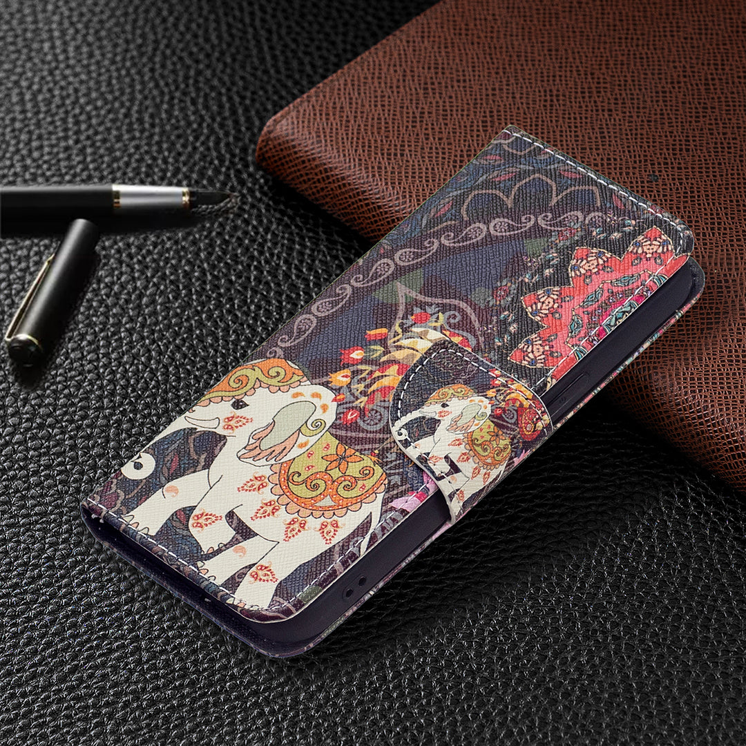 Pattern Printing Wallet Phone Case for iPhone 15 , Stand PU Leather +TPU Phone Cover - Flower and Elephant
