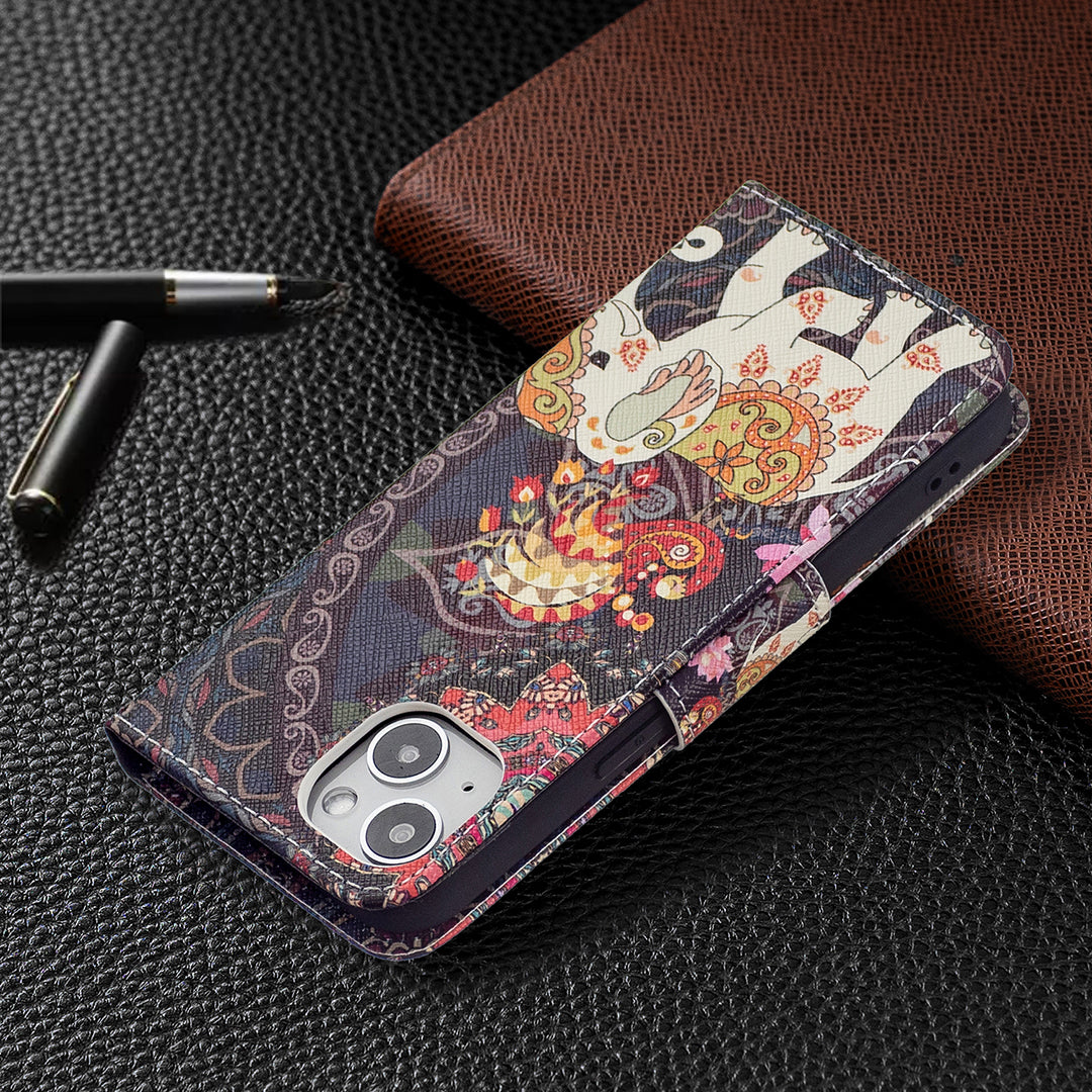 Pattern Printing Wallet Phone Case for iPhone 15 , Stand PU Leather +TPU Phone Cover - Flower and Elephant