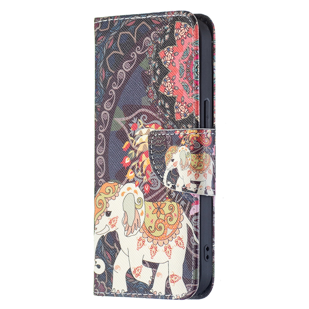 Pattern Printing Wallet Phone Case for iPhone 15 , Stand PU Leather +TPU Phone Cover - Flower and Elephant