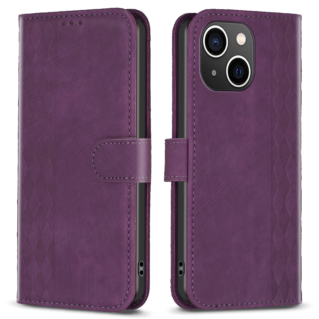 Imprinted Rhombus PU Leather Case for iPhone 15 , Drop-proof Stand Wallet Phone Cover - Purple