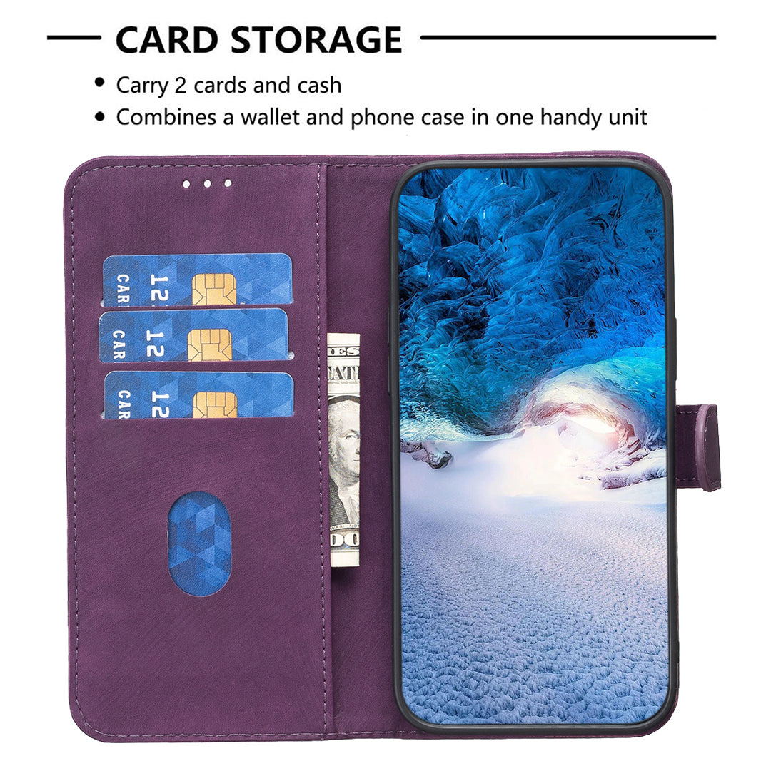 Imprinted Rhombus PU Leather Case for iPhone 15 , Drop-proof Stand Wallet Phone Cover - Purple
