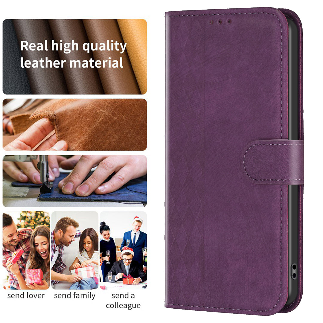 Imprinted Rhombus PU Leather Case for iPhone 15 , Drop-proof Stand Wallet Phone Cover - Purple