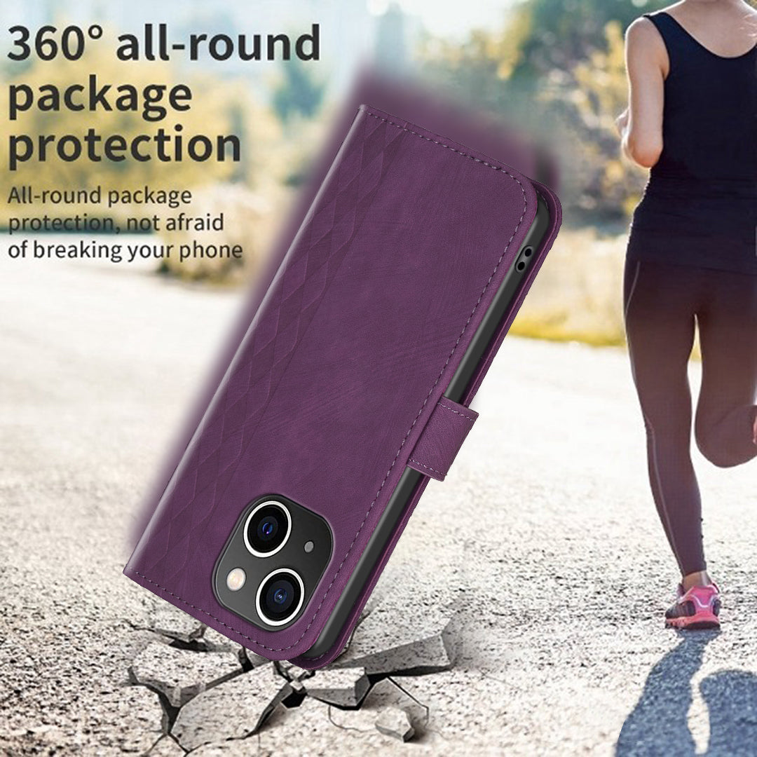 Imprinted Rhombus PU Leather Case for iPhone 15 , Drop-proof Stand Wallet Phone Cover - Purple