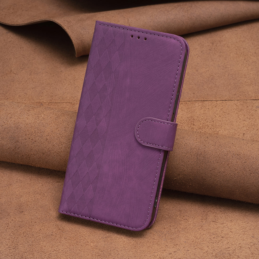 Imprinted Rhombus PU Leather Case for iPhone 15 , Drop-proof Stand Wallet Phone Cover - Purple