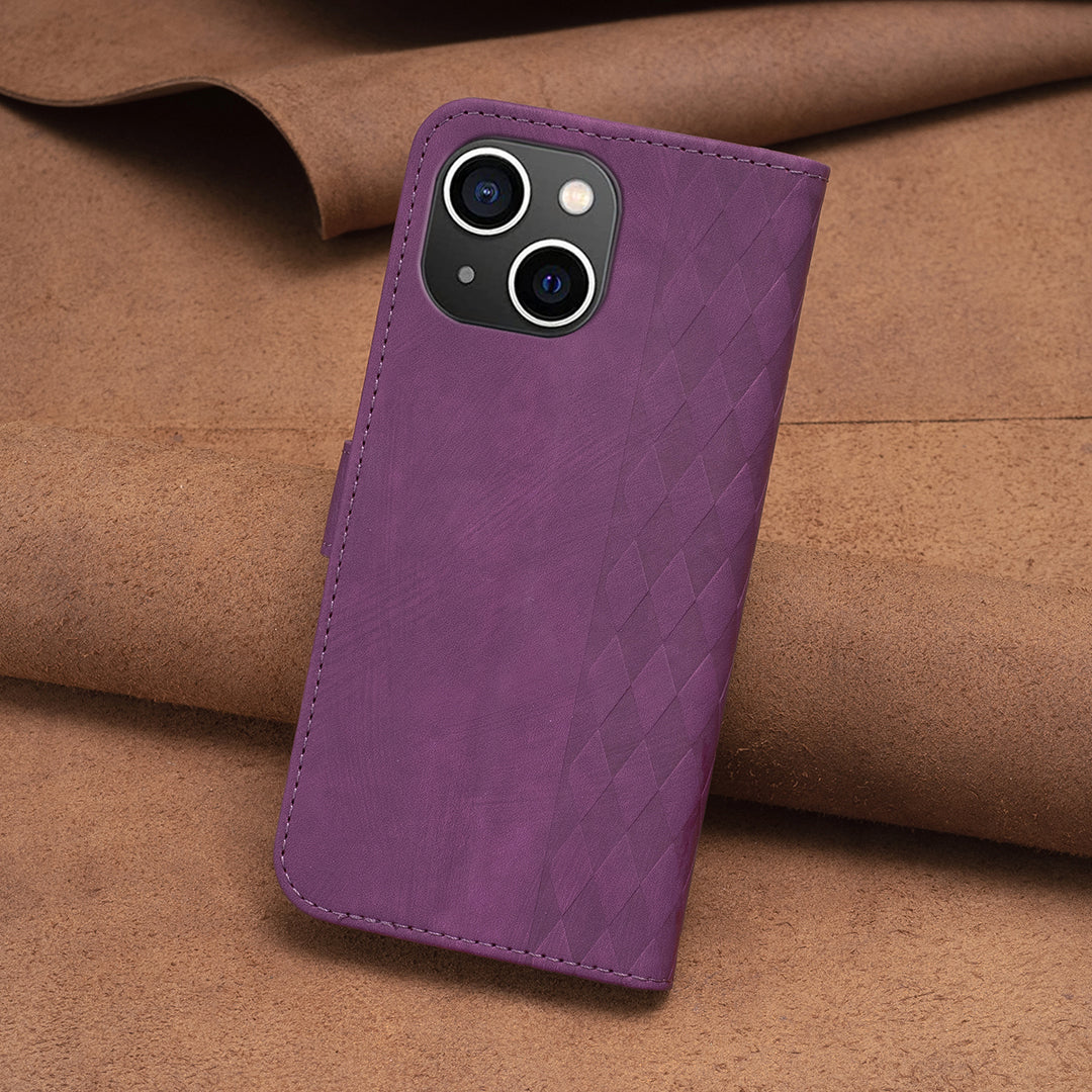 Imprinted Rhombus PU Leather Case for iPhone 15 , Drop-proof Stand Wallet Phone Cover - Purple
