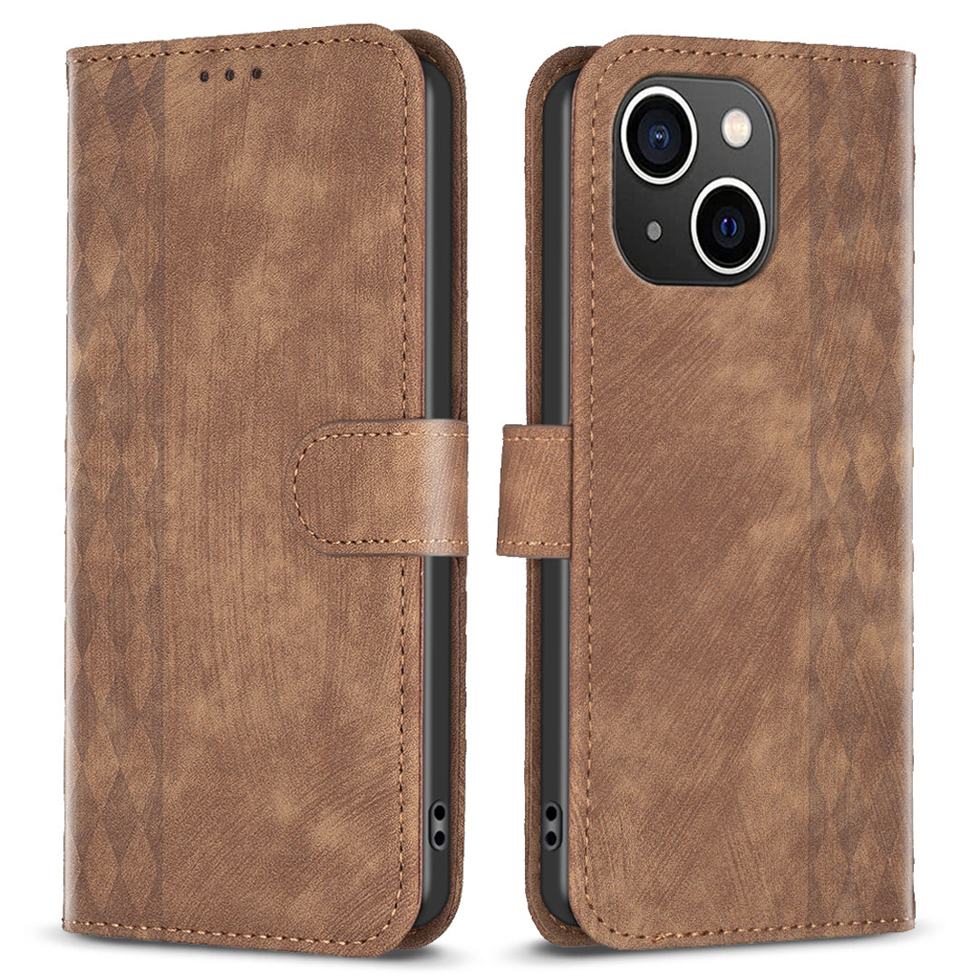 Imprinted Rhombus PU Leather Case for iPhone 15 , Drop-proof Stand Wallet Phone Cover - Brown