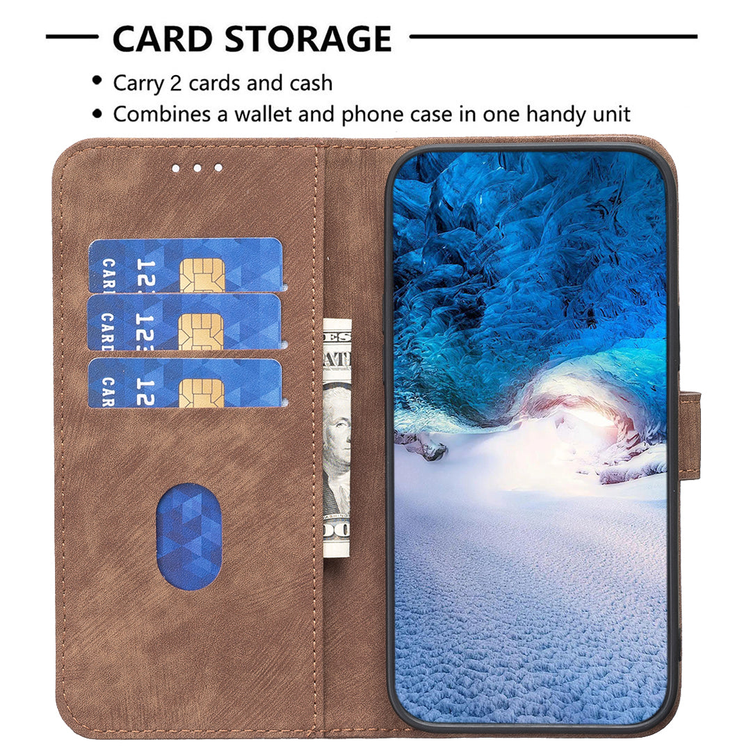 Imprinted Rhombus PU Leather Case for iPhone 15 , Drop-proof Stand Wallet Phone Cover - Brown
