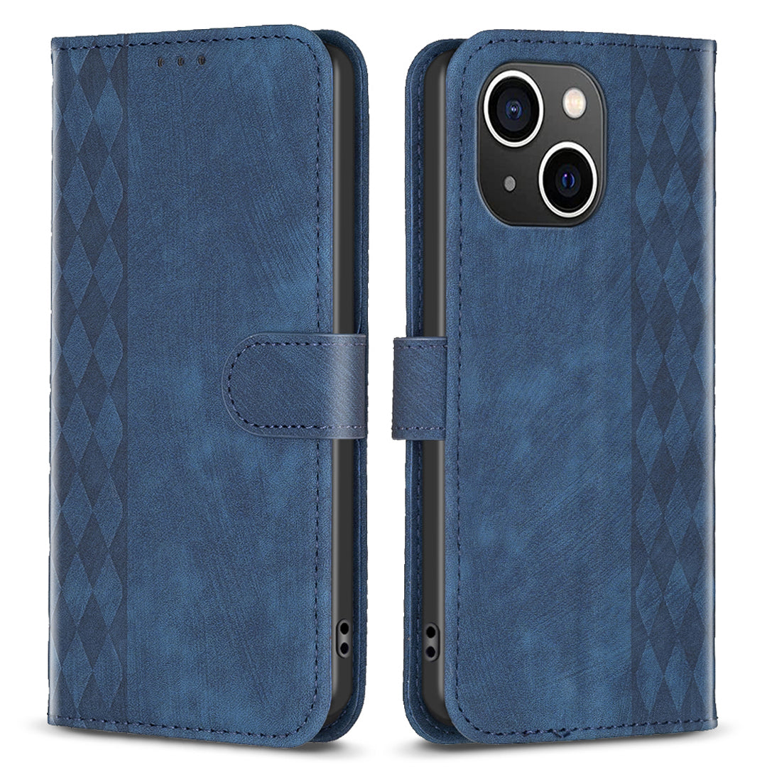 Imprinted Rhombus PU Leather Case for iPhone 15 , Drop-proof Stand Wallet Phone Cover - Blue