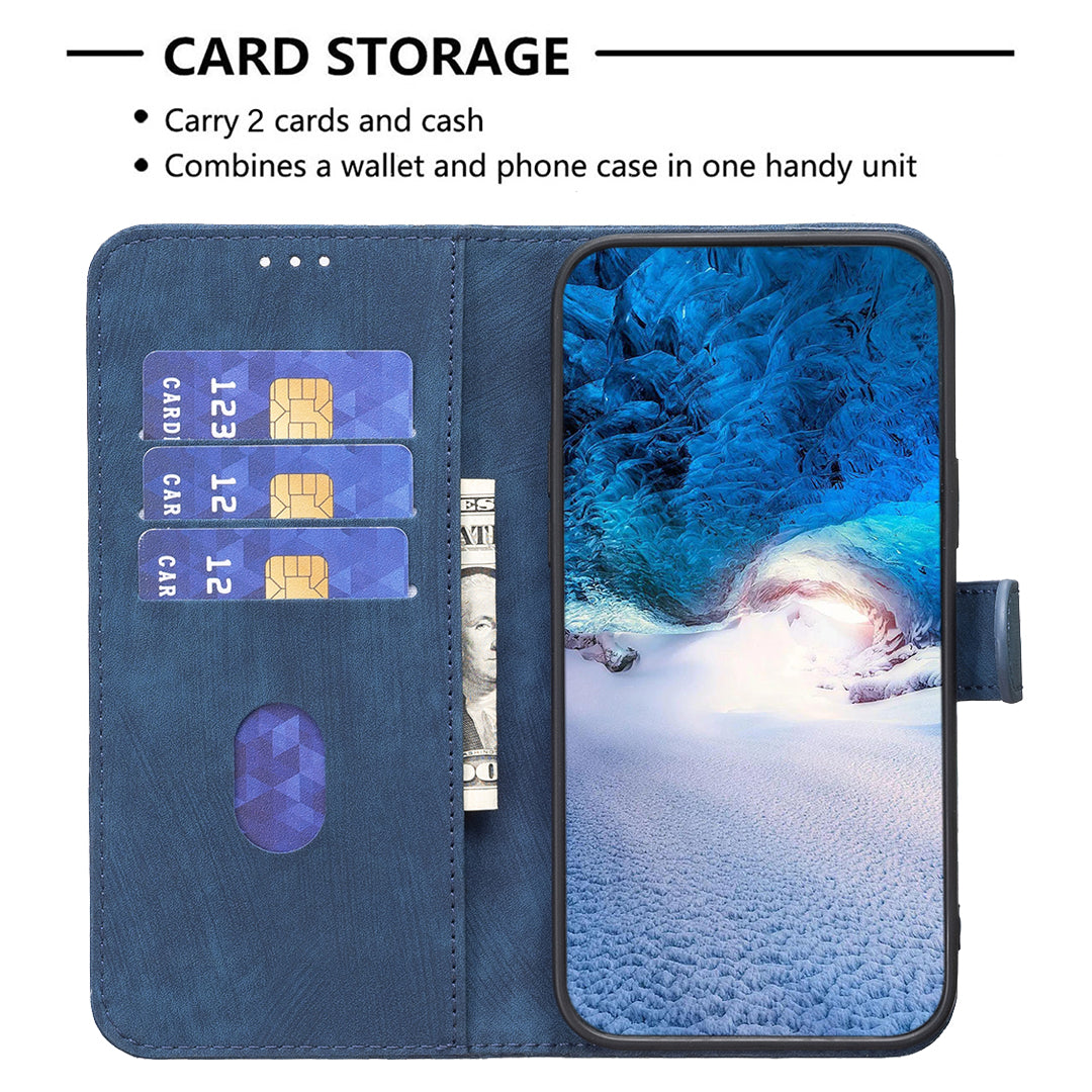 Imprinted Rhombus PU Leather Case for iPhone 15 , Drop-proof Stand Wallet Phone Cover - Blue