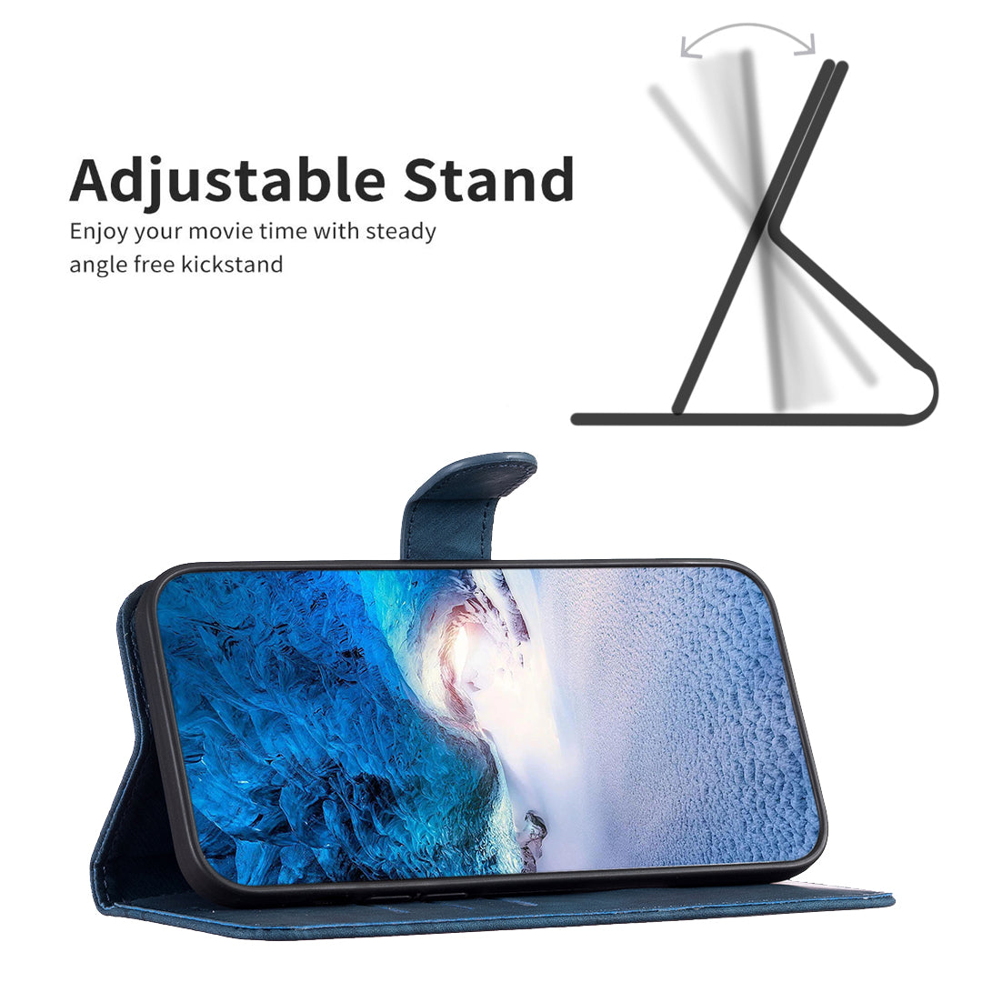 Imprinted Rhombus PU Leather Case for iPhone 15 , Drop-proof Stand Wallet Phone Cover - Blue