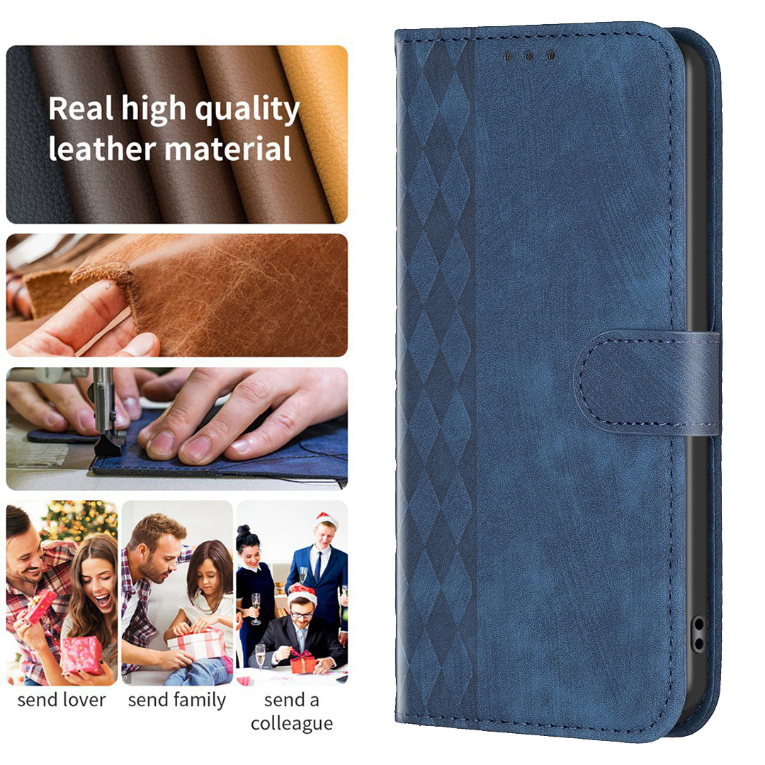 Imprinted Rhombus PU Leather Case for iPhone 15 , Drop-proof Stand Wallet Phone Cover - Blue