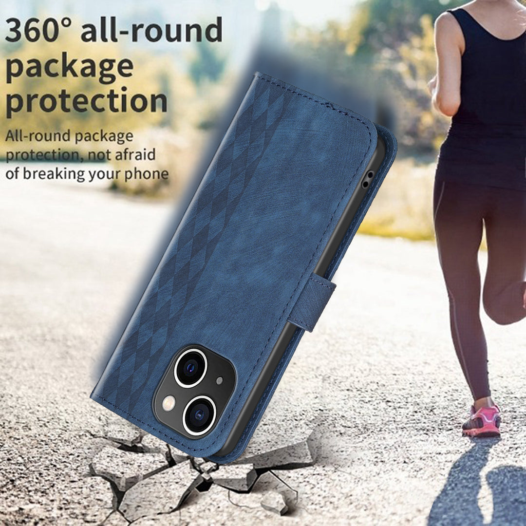 Imprinted Rhombus PU Leather Case for iPhone 15 , Drop-proof Stand Wallet Phone Cover - Blue