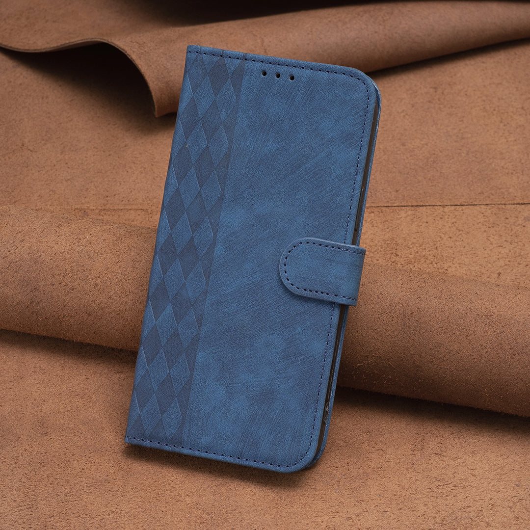 Imprinted Rhombus PU Leather Case for iPhone 15 , Drop-proof Stand Wallet Phone Cover - Blue