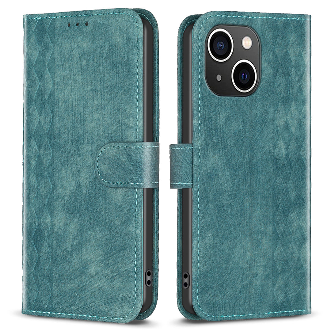Imprinted Rhombus PU Leather Case for iPhone 15 , Drop-proof Stand Wallet Phone Cover - Green