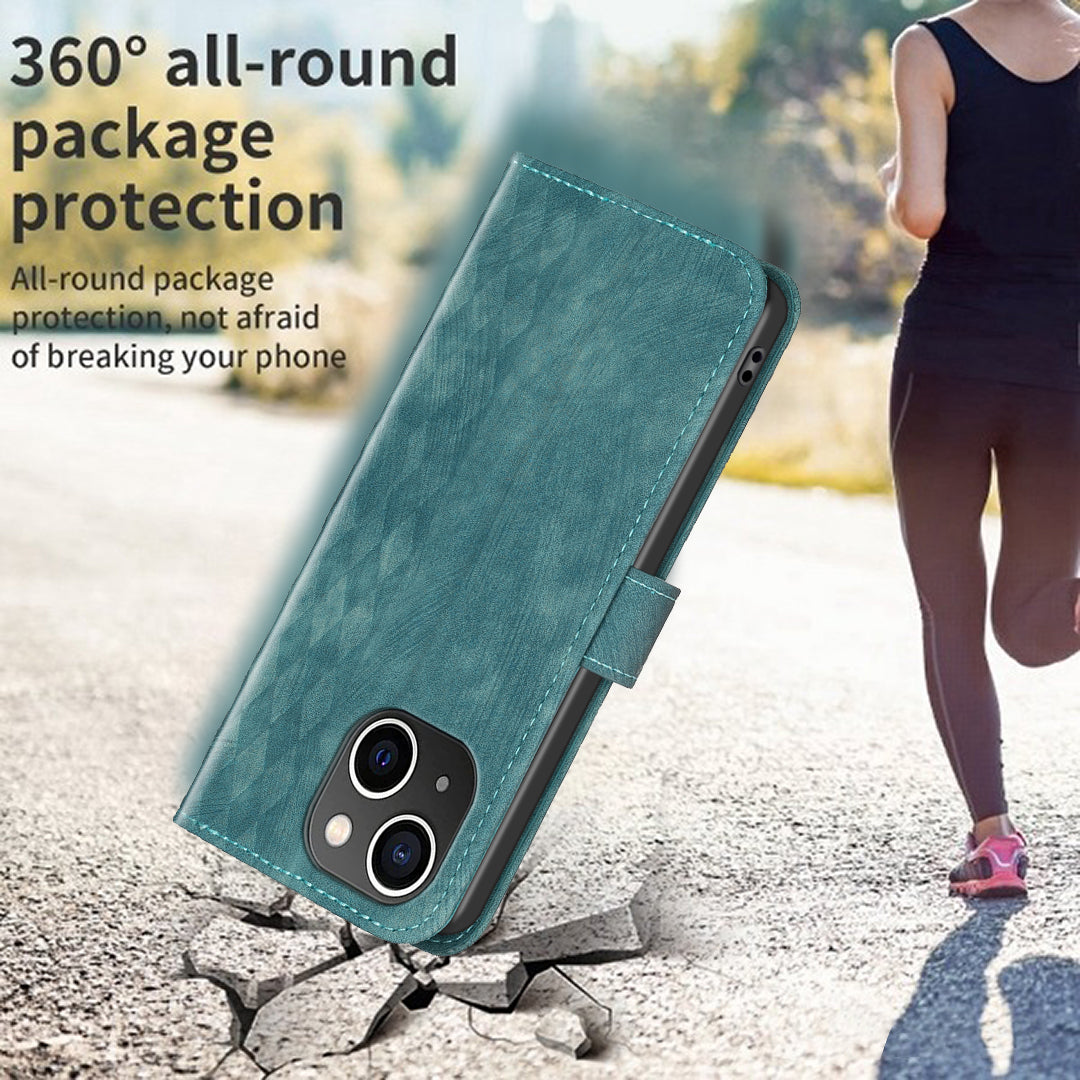 Imprinted Rhombus PU Leather Case for iPhone 15 , Drop-proof Stand Wallet Phone Cover - Green