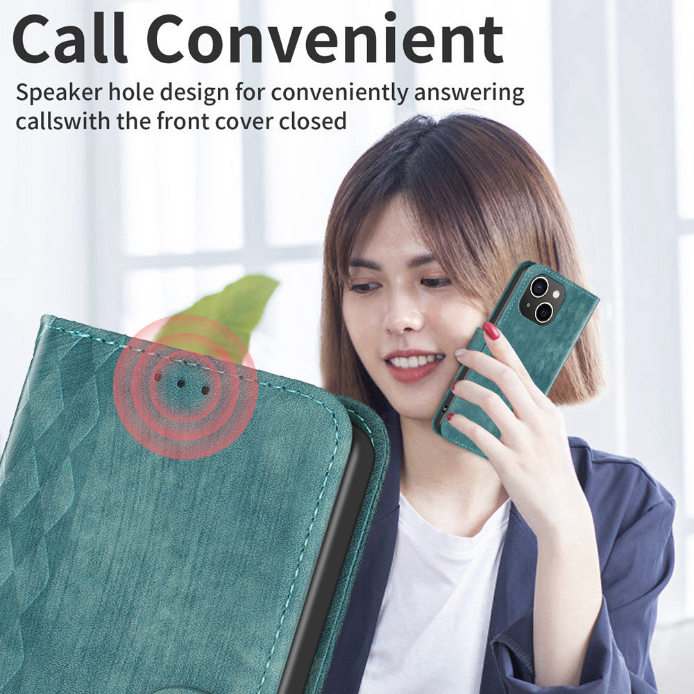 Imprinted Rhombus PU Leather Case for iPhone 15 , Drop-proof Stand Wallet Phone Cover - Green