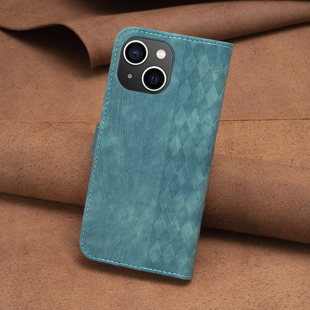Imprinted Rhombus PU Leather Case for iPhone 15 , Drop-proof Stand Wallet Phone Cover - Green