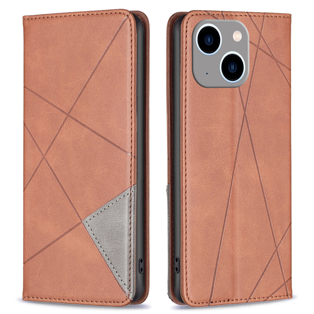 Card Holder PU Leather Stand Case for iPhone 15 Plus , Imprinted Line Phone Cover - Brown